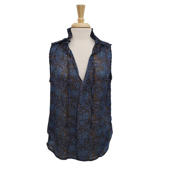 Ophelia Roe Tops - Ophelia Roe Blue Abstract Print Sleeveless Ruffle Neck Blouse 1X Plus Sheer